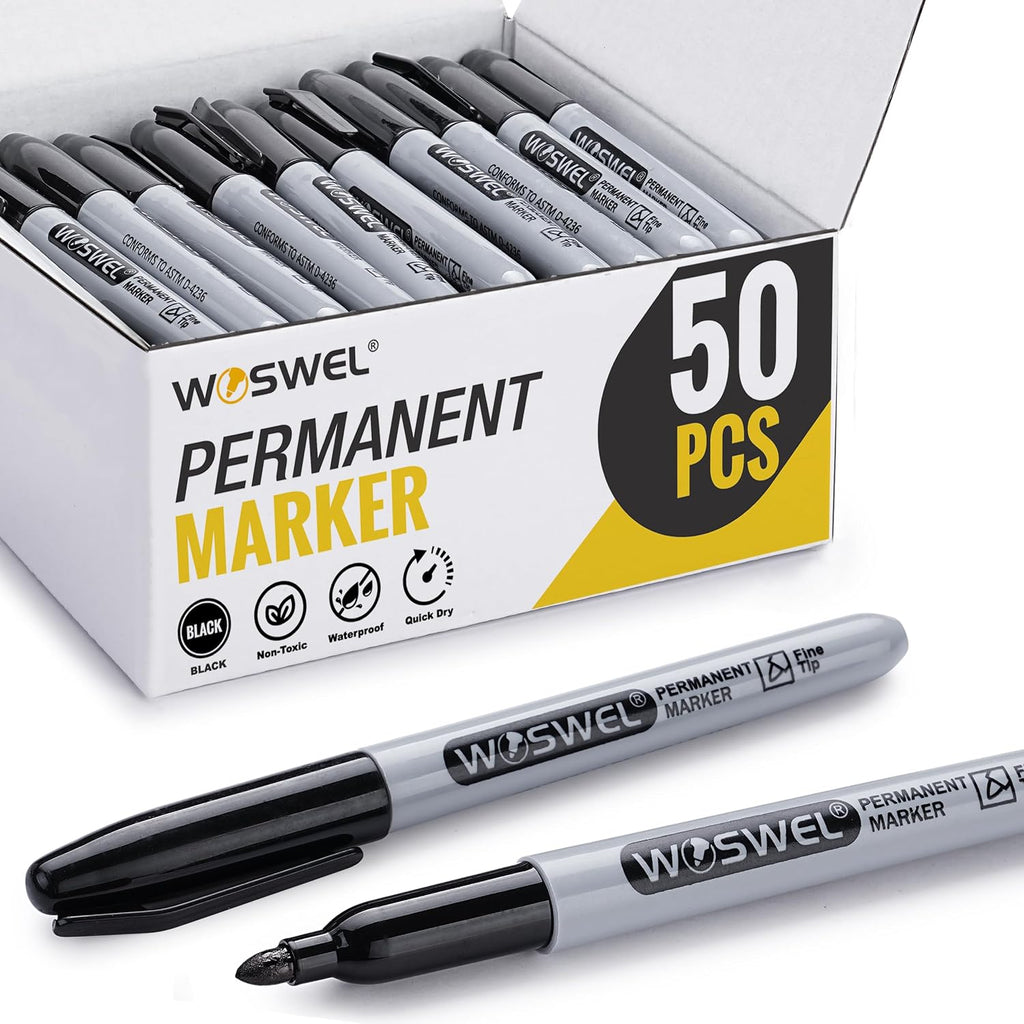 WOSWEL Permanent Markers Bulk, 50 Pack, Black Permanent Marker Pens, Fine Tip, Waterproof