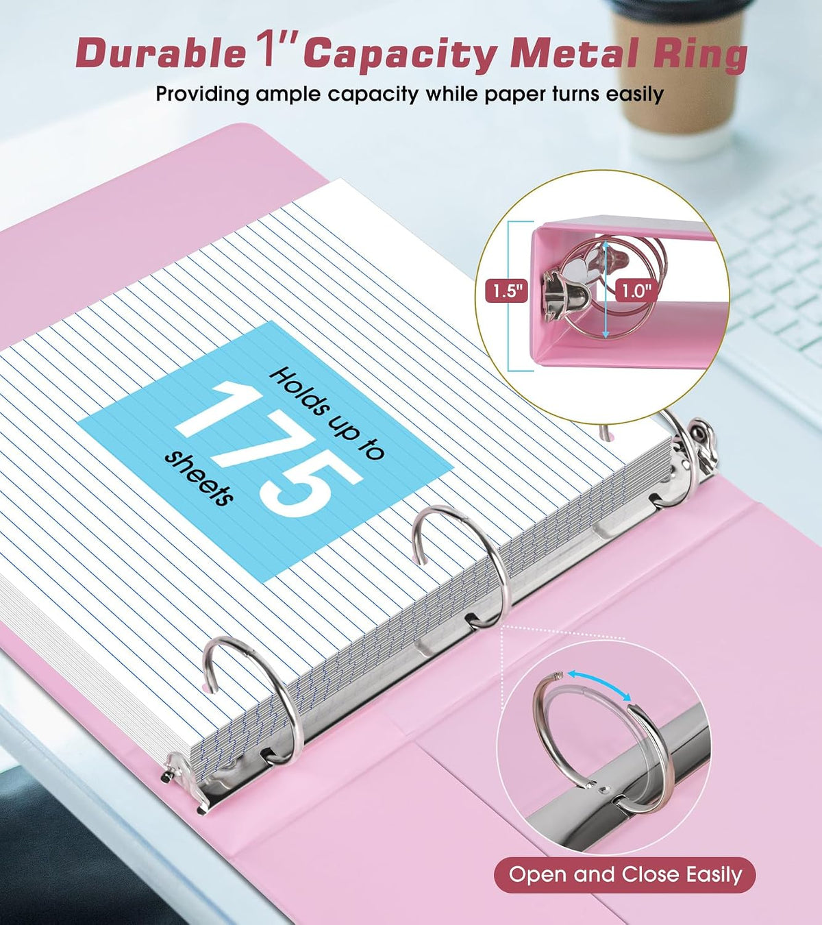 3 Ring Binder 1 inch，Cute Binder Organizer with 5 Tab Dividers Fits 175 Sheets of 8.5x11