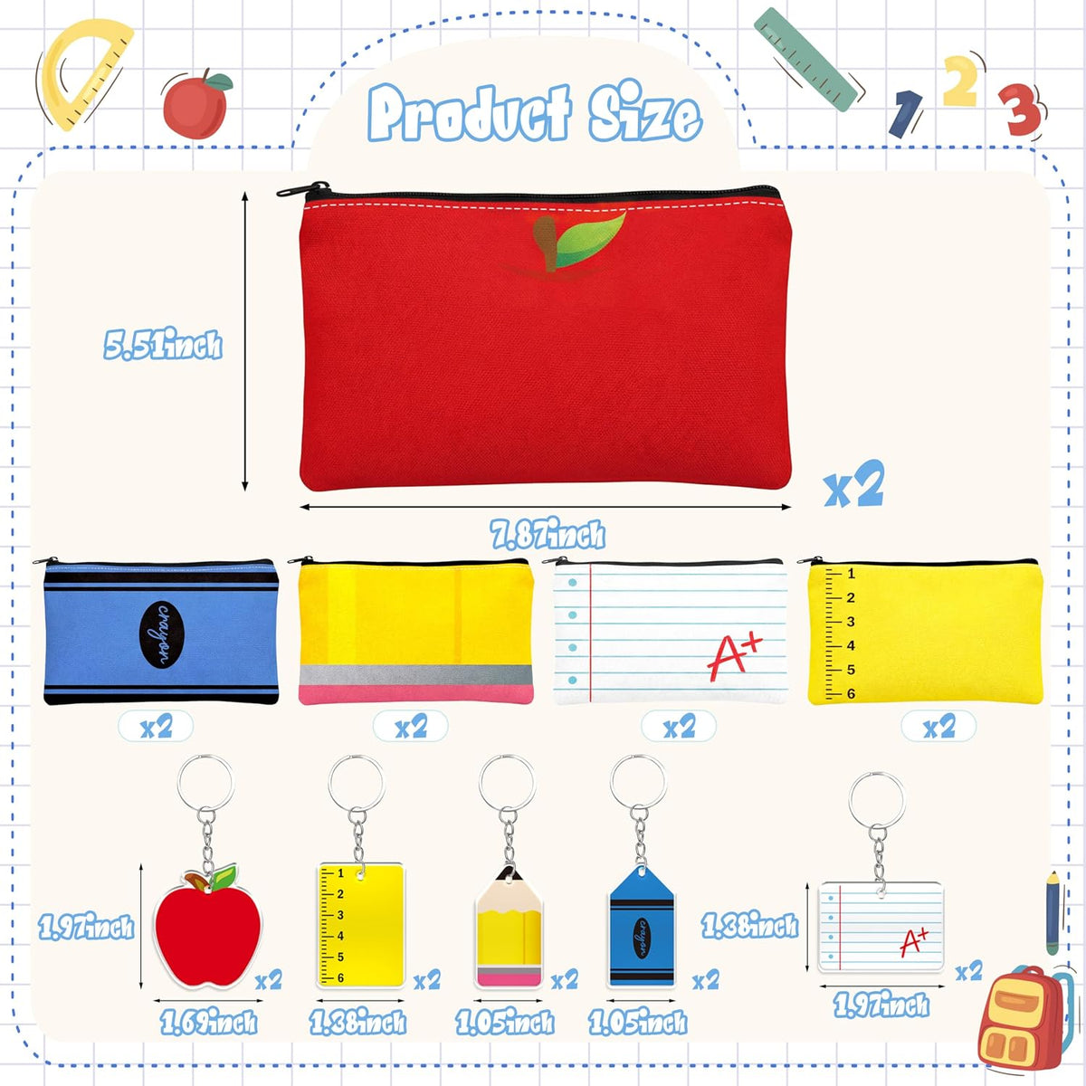 20 Pcs Teacher Appreciation Gifts Bulk - Pencil Pouch Case Makeup Zipper Pen Bag Keychain