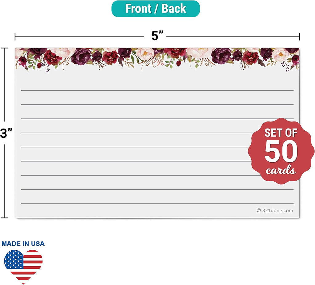 321Done Ruled Index Cards, Small 3x5, Set of 50, Red Roses on White