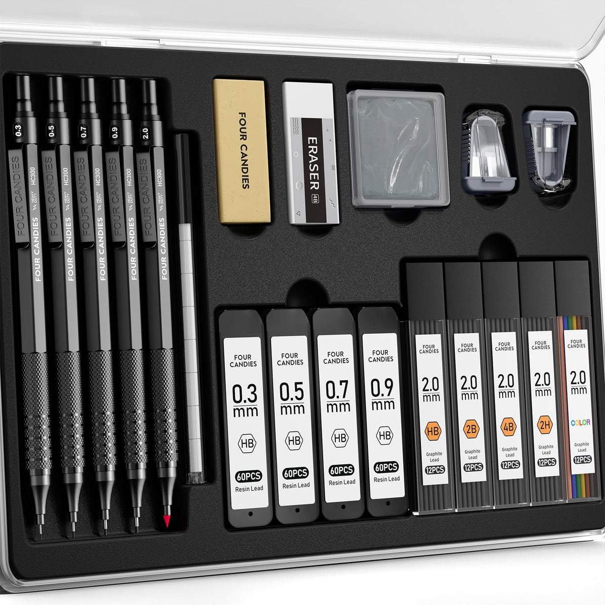 Four Candies Metal Mechanical Pencil Set, 3PCS Art Drafting Pencils 0.5, 0.7