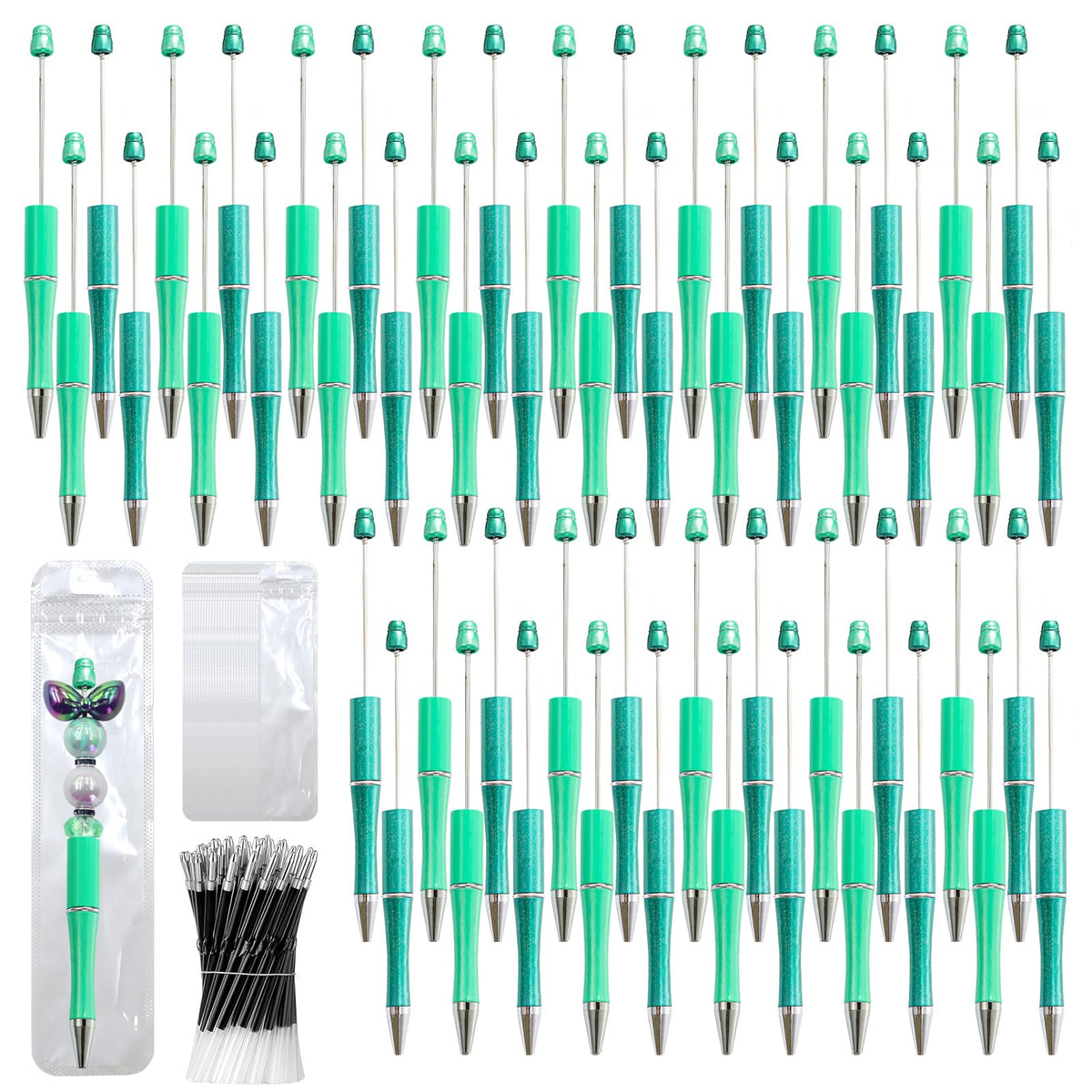 150 Pieces DIY Beadable Pen Kit – 50 Plastic Ballpoint Pens with Refills & Bags