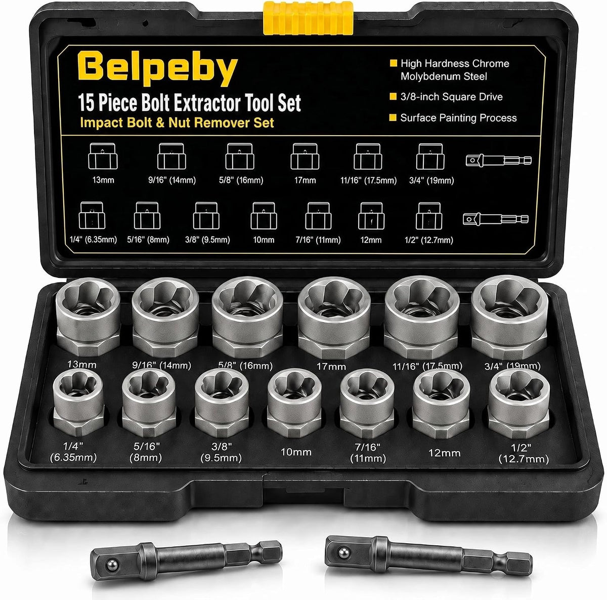 15-Piece Bolt Extractor Kit, Stripped Bolt & Nut Remover Set