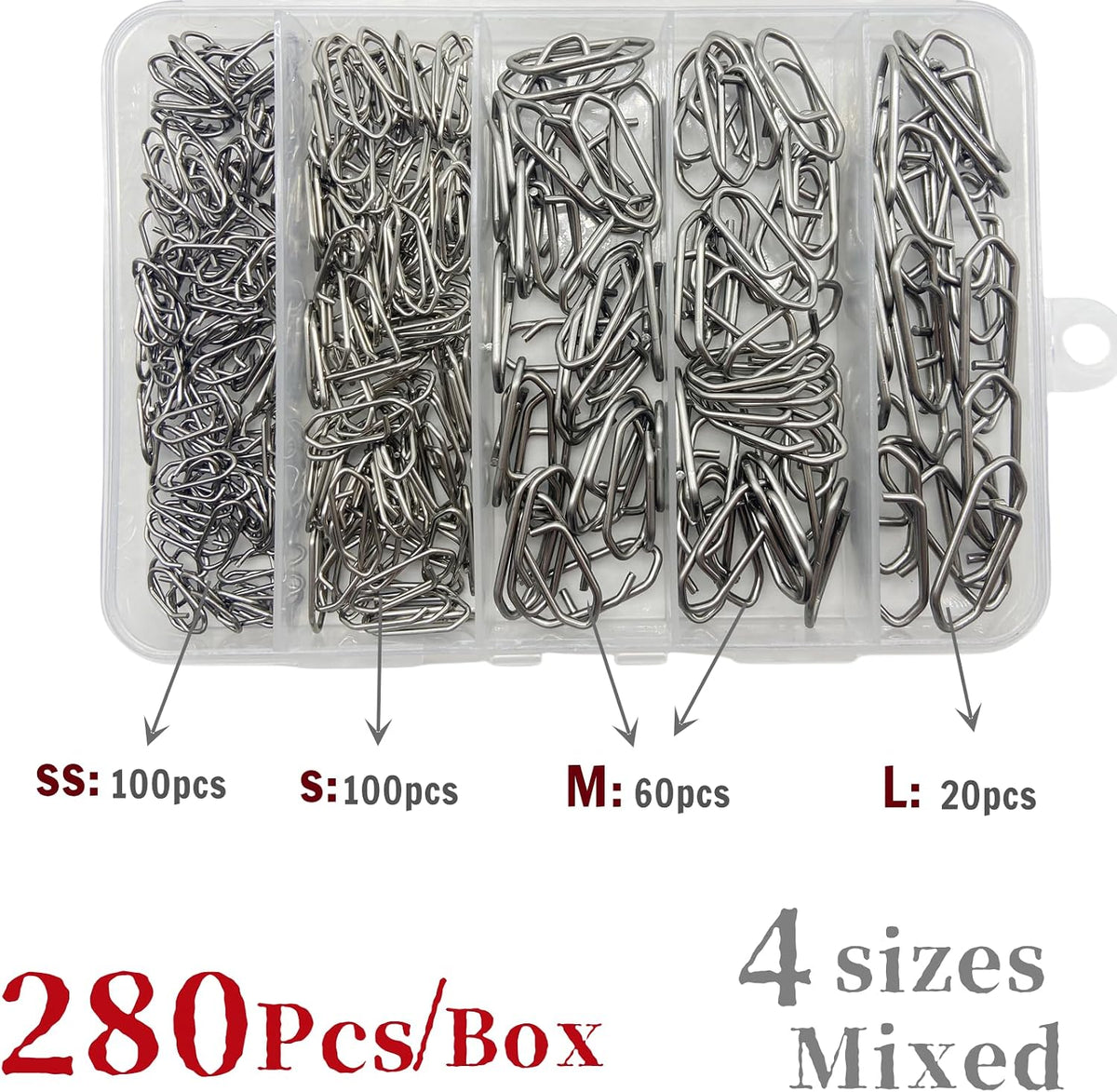 280Pcs/Box Stainless Steel Fishing Power Speed Clips (SS:100Pcs,S:100Pcs,M:60Pcs