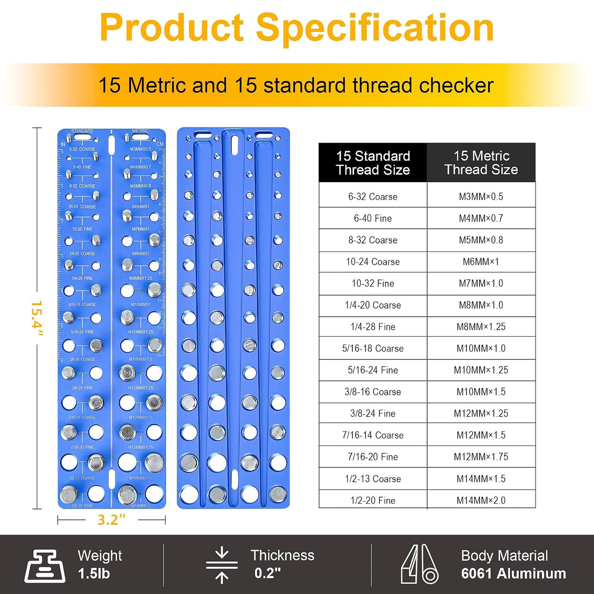 30-in-1 Nut & Bolt Thread Checker – Standard & Metric Thread Gauge Tool with 15 SAE & 15