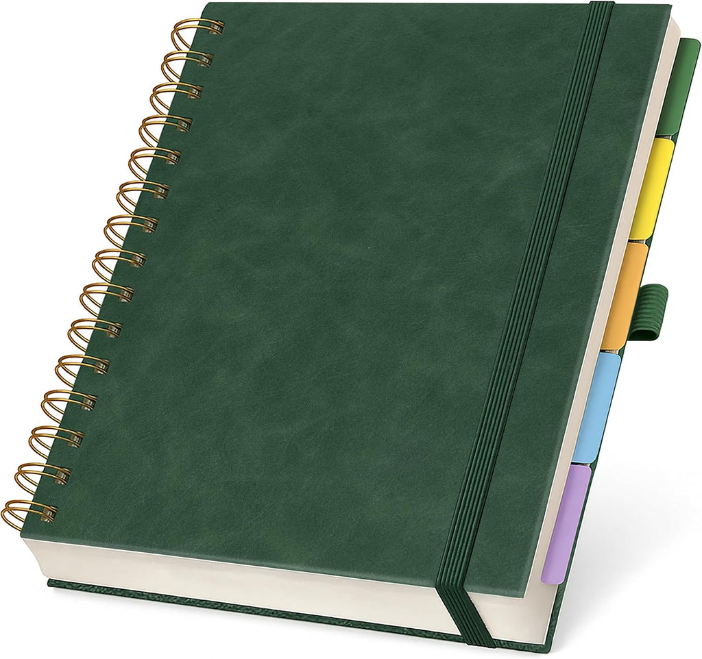 Hardcover Lined Spiral Notebook with Removable Dividers Leather Bound Green