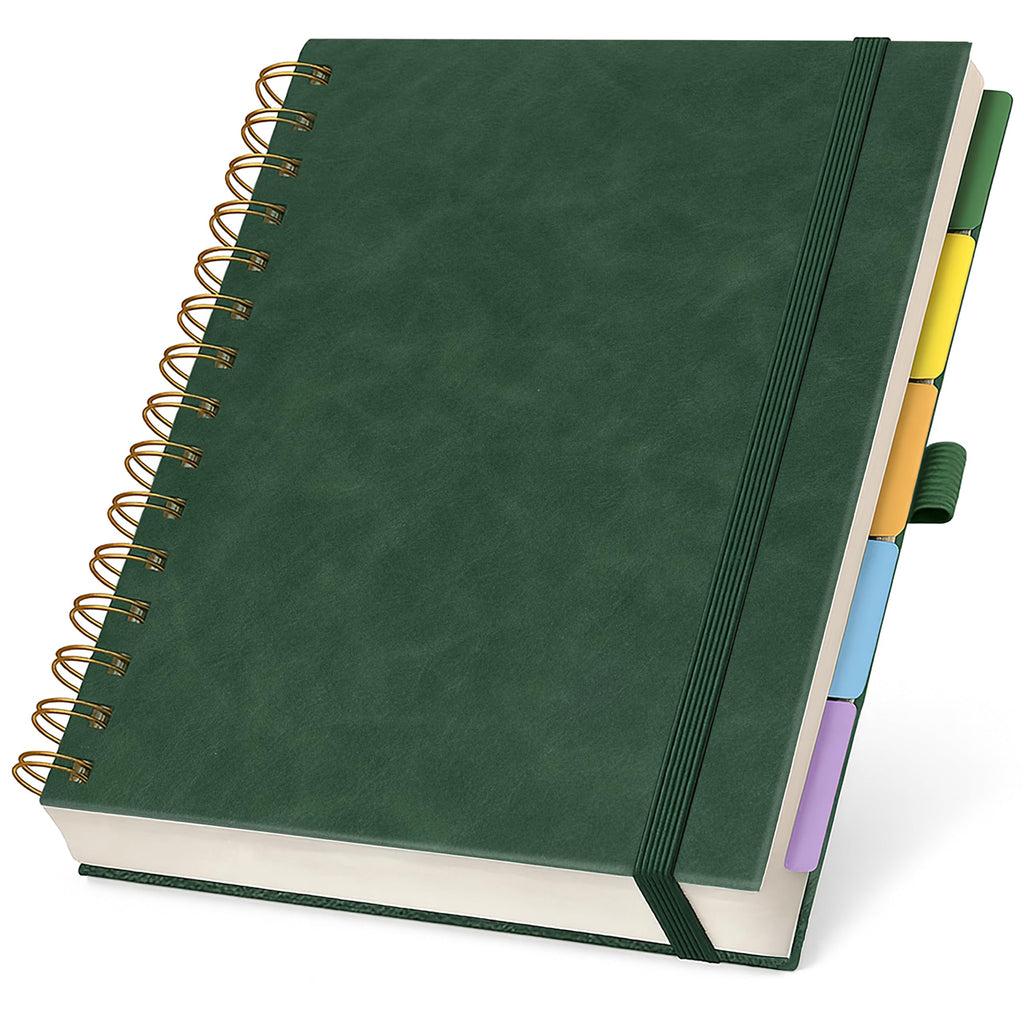 Hardcover Lined Spiral Notebook with Removable Dividers Leather Bound Green