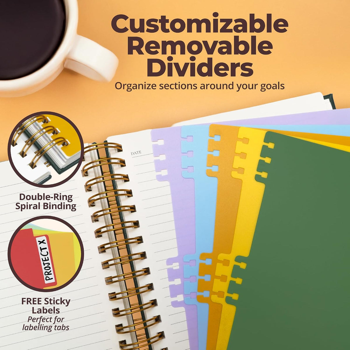 Hardcover Lined Spiral Notebook with Removable Dividers Leather Bound Green
