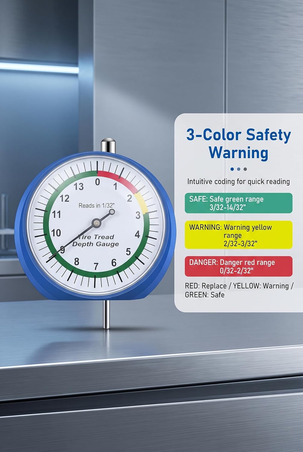 Tire Tread Depth Gauge, Dial Type Measurement Tool with 6 Air Nozzles