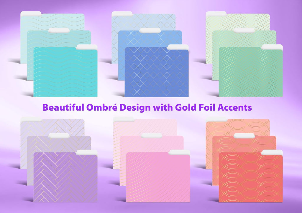 Better Office Products Decorative File Folders with Gold Foil, 18 Pack