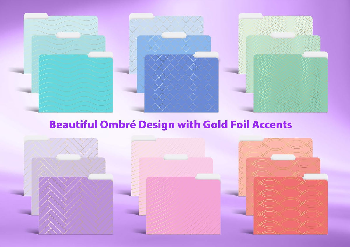 Better Office Products Decorative File Folders with Gold Foil, 18 Pack