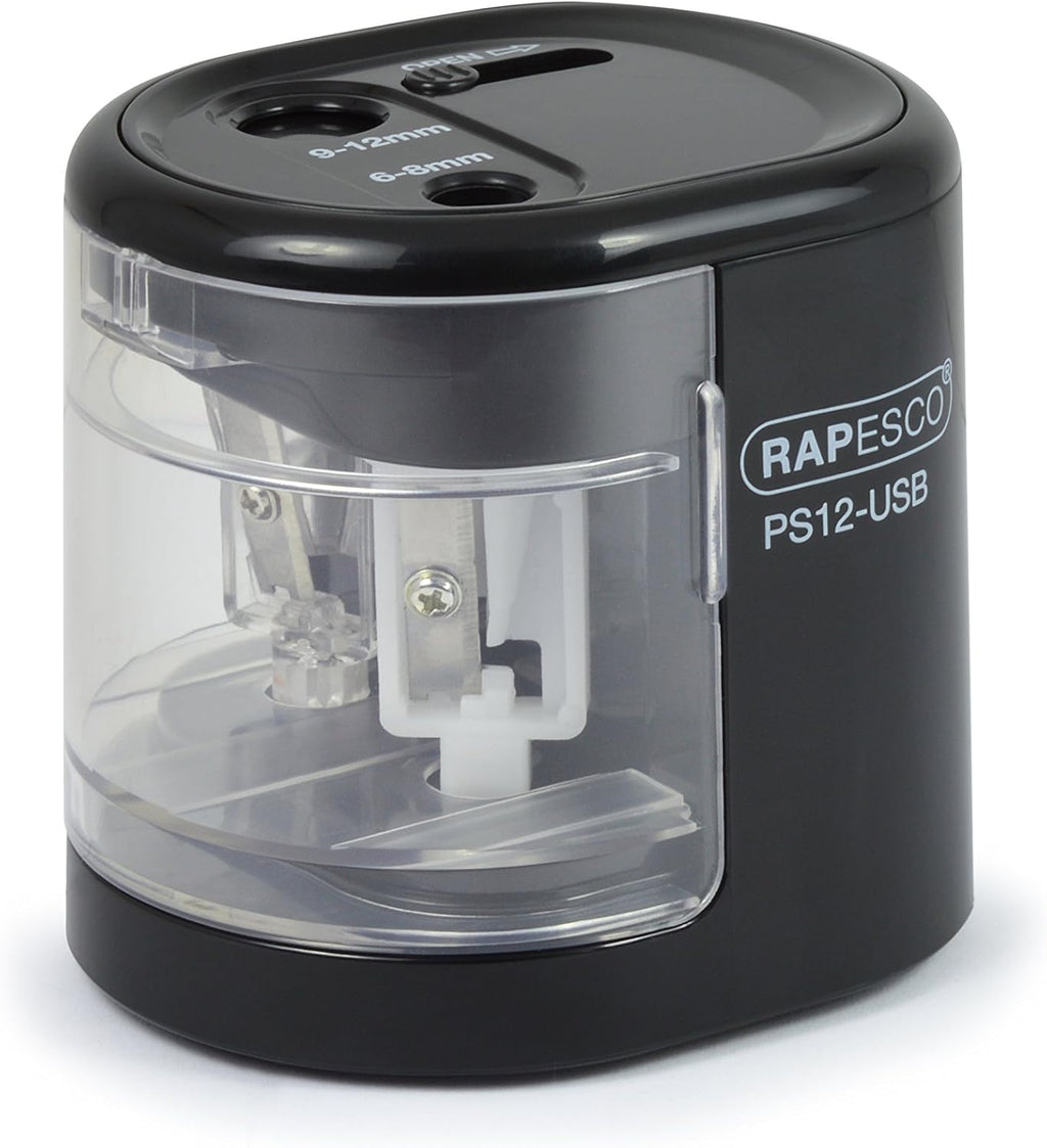 Rapesco 1449 PS12-USB Electric Pencil Sharpener, Dual Hole, Black