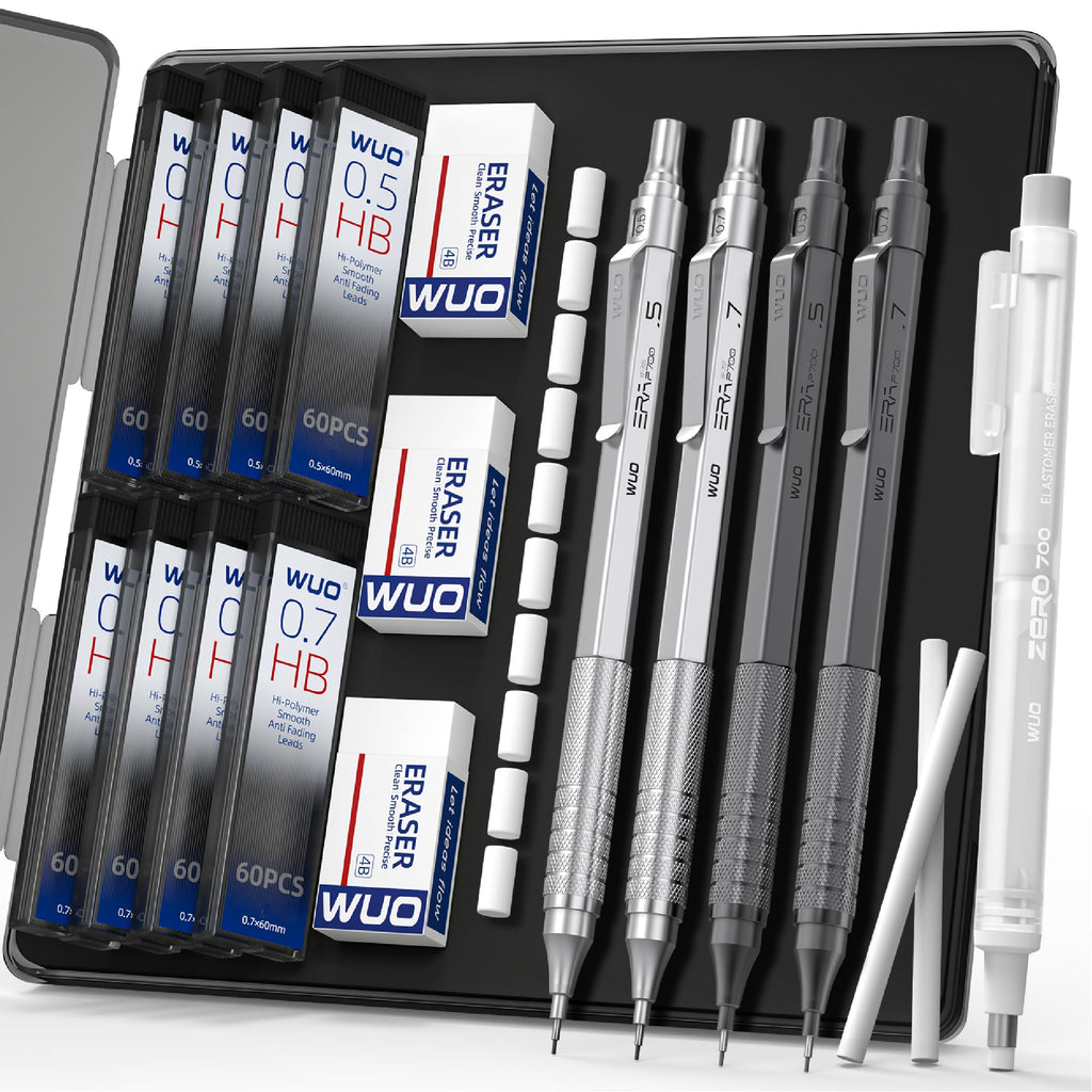 WUO Mechanical Pencil Set, 4 Pack 0.5mm & 0.7mm Metal Drafting Pencils