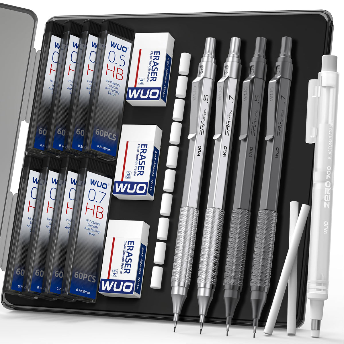 WUO Mechanical Pencil Set, 4 Pack 0.5mm & 0.7mm Metal Drafting Pencils