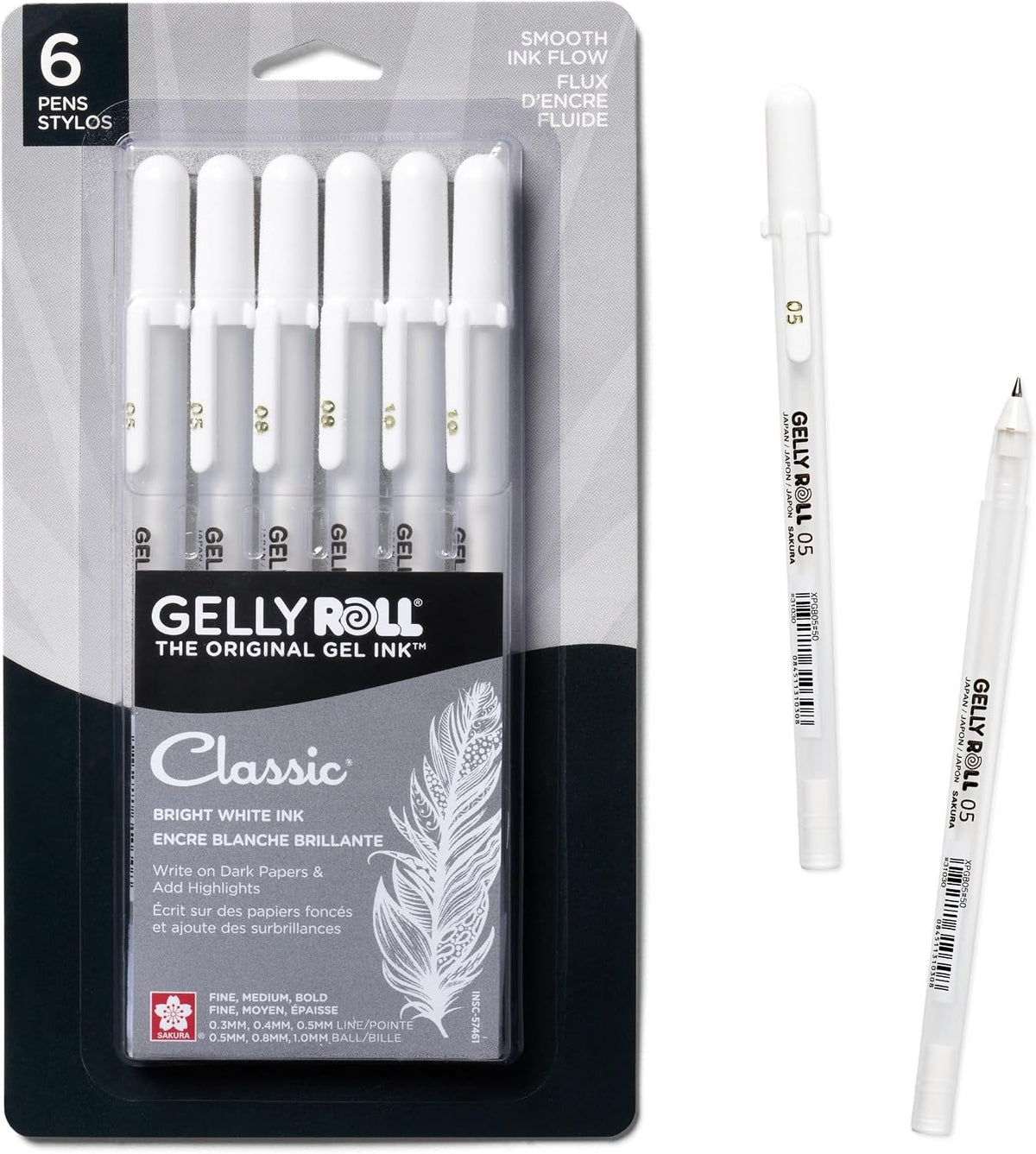 Sakura Gelly Roll Gel Pens, White, Assorted 05/08/10 Tip - 6 Pack