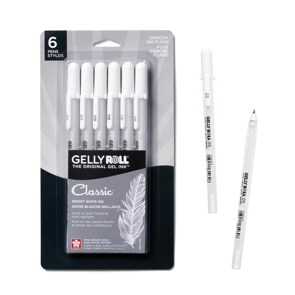 Sakura Gelly Roll Gel Pens, White, Assorted 05/08/10 Tip - 6 Pack