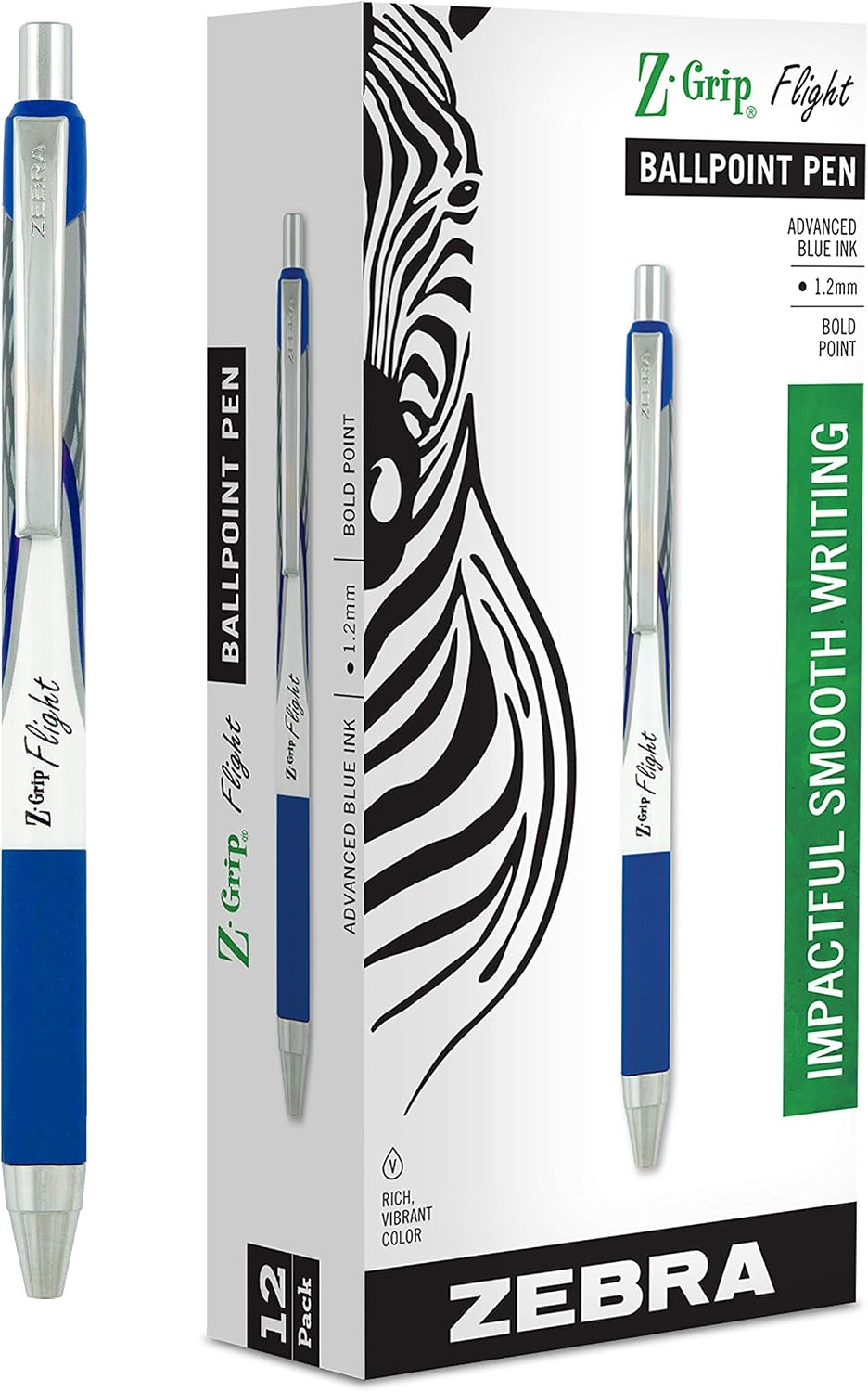 Zebra Pen Z-Grip Flight Retractable Ballpoint Pen, Blue Ink, 1.2mm, 12-Pack