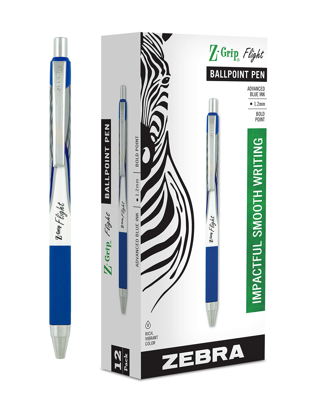 Zebra Pen Z-Grip Flight Retractable Ballpoint Pen, Blue Ink, 1.2mm, 12-Pack