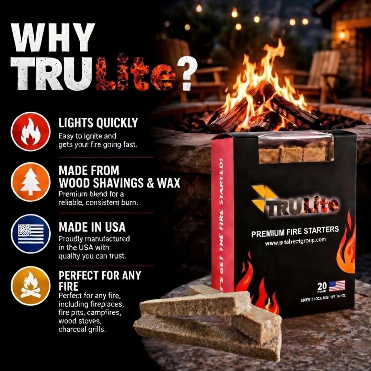 TRULite Premium Fire Starters, 20 Piece Box, USA Made, Ideal for Quickly