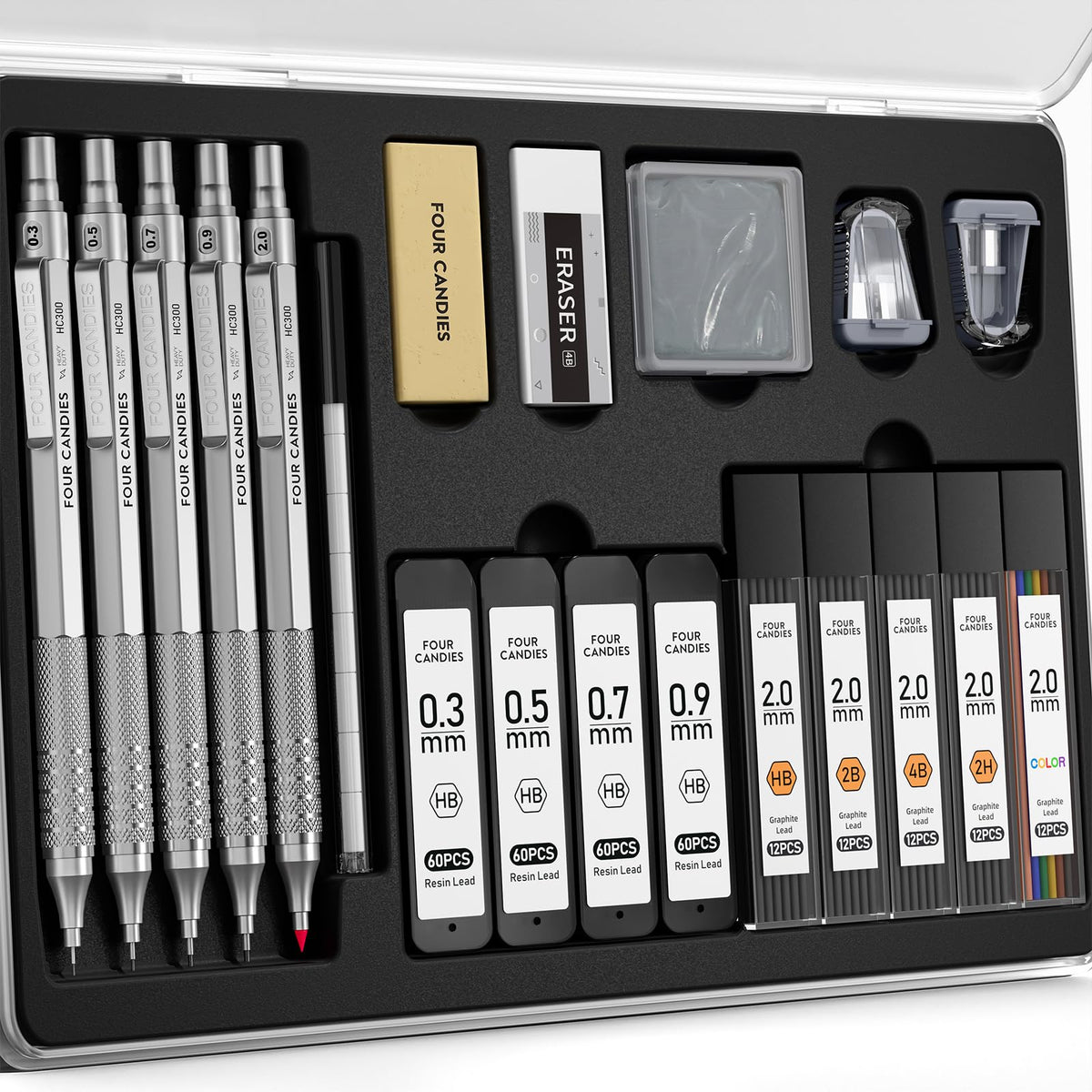 Four Candies Metal Mechanical Pencil Set, 3PCS Art Drafting Pencils 0.5, 0.7