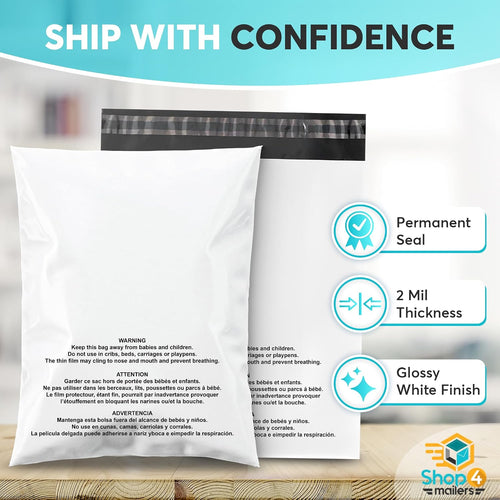 100 Count 10x13 White Poly Mailers with Suffocation Warning, 2 Mil