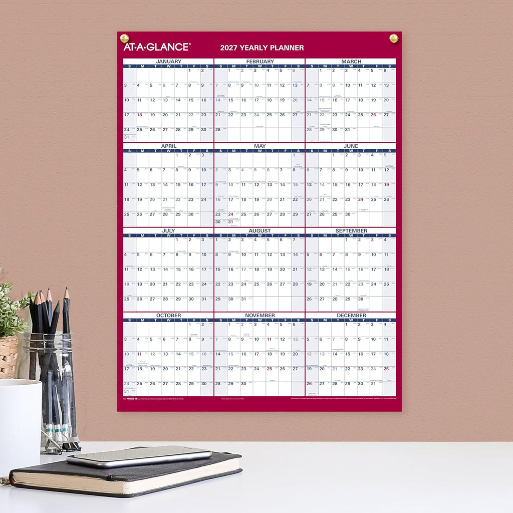 AT-A-GLANCE 2027 Erasable Calendar, Dry Erase Wall Planner, 12" x 16"