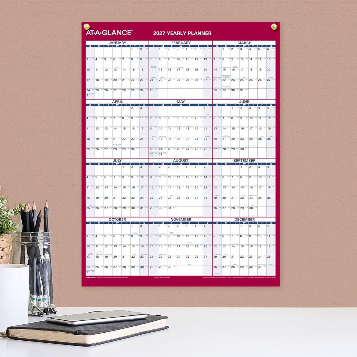AT-A-GLANCE 2027 Erasable Calendar, Dry Erase Wall Planner, 12" x 16"