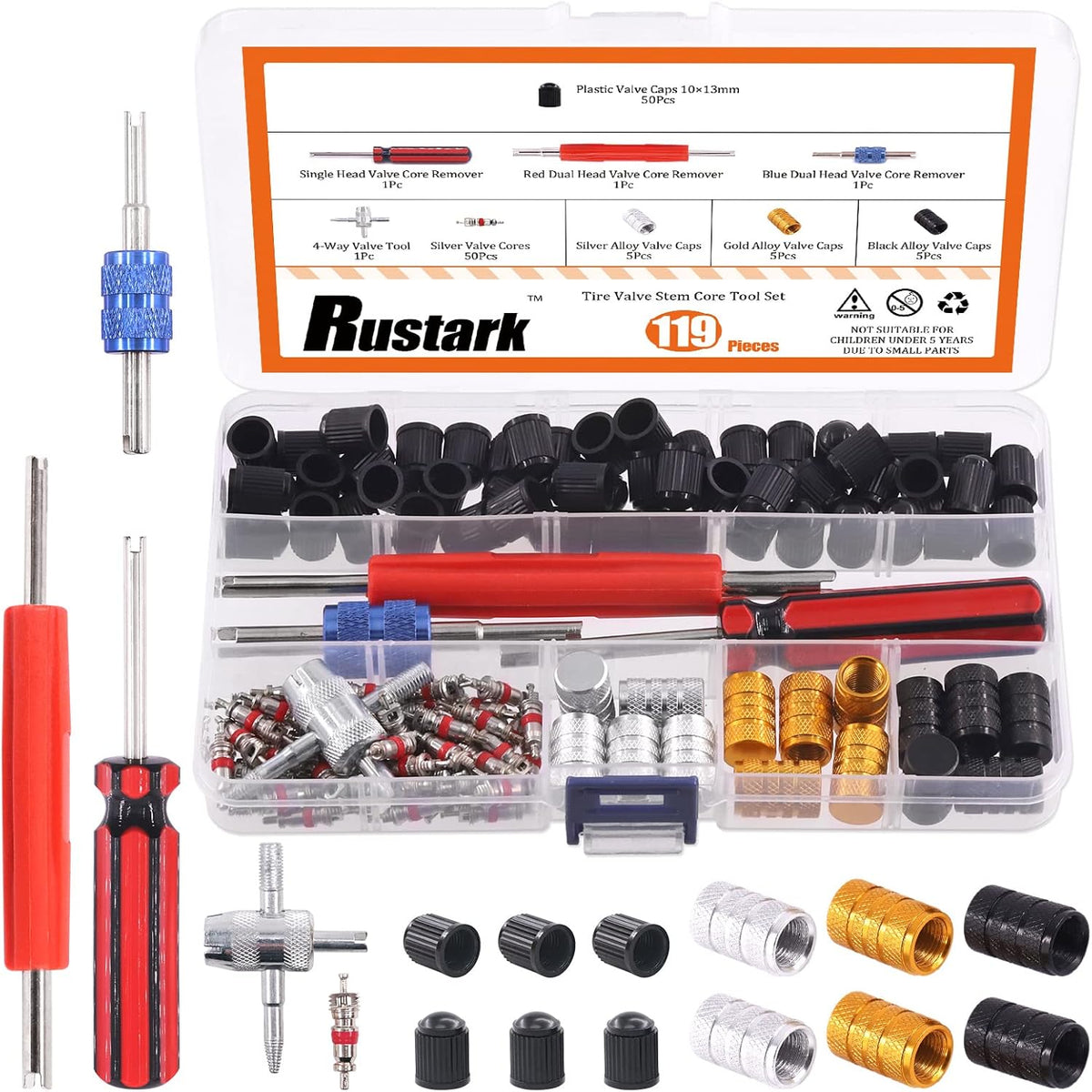 119Pc Valve Core Remover Tools with Aluminum Tire Stem Caps