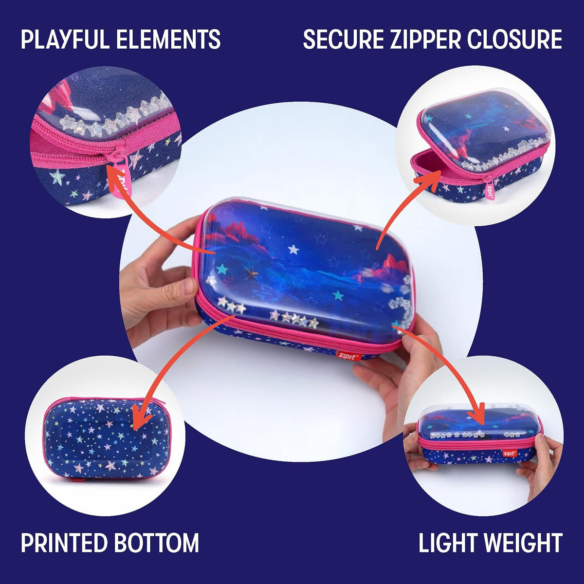 ZIPIT Clear Top Pencil Case for Girls, Durable Pencil Box for School, Stars