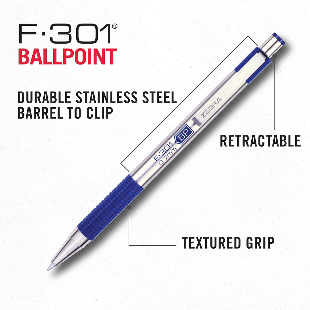 Zebra Pen STEEL F-301 Retractable Ballpoint Pen, Blue Ink, 0.7mm, 6-Pack