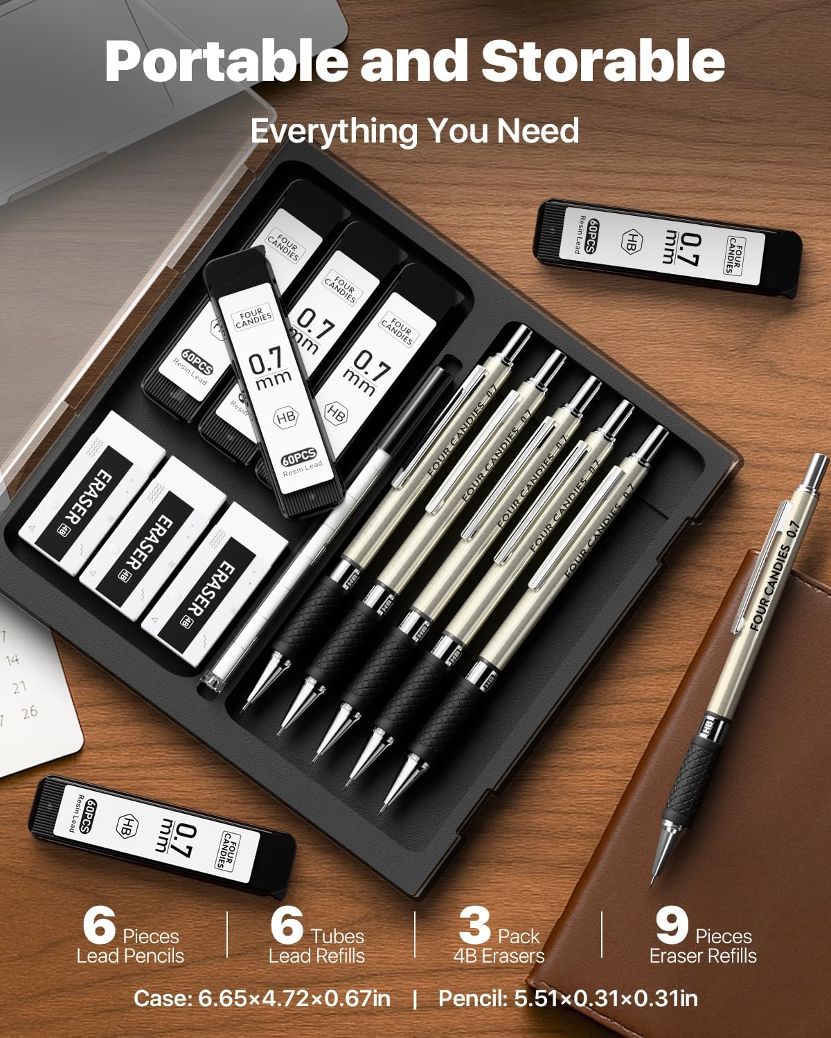 Metal Mechanical Pencil Set with Case, 6-Pack 0.7mm Medium Point
