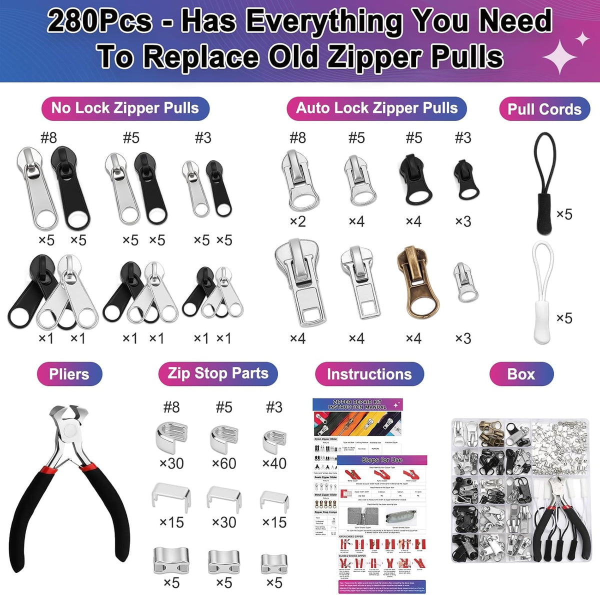 MAPVOLUT 280-Piece Universal Zipper Repair Kit - Fix Jackets, Luggage