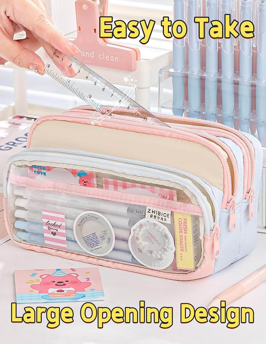 Transparent Large Pencil Case Japanese Pastel Pencil Pouch (Pink)