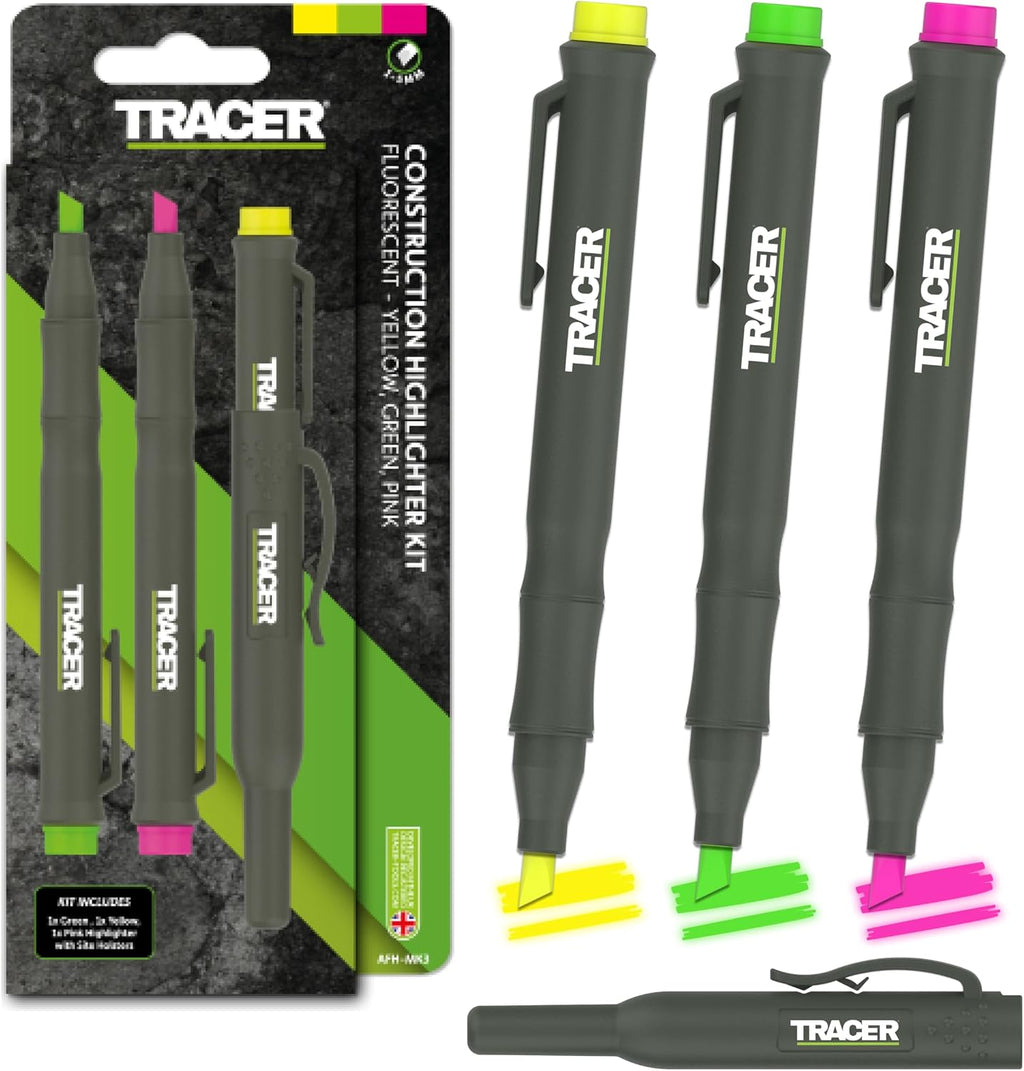 Tracer Construction Highlighters Set - 3 Pack Yellow Green Pink