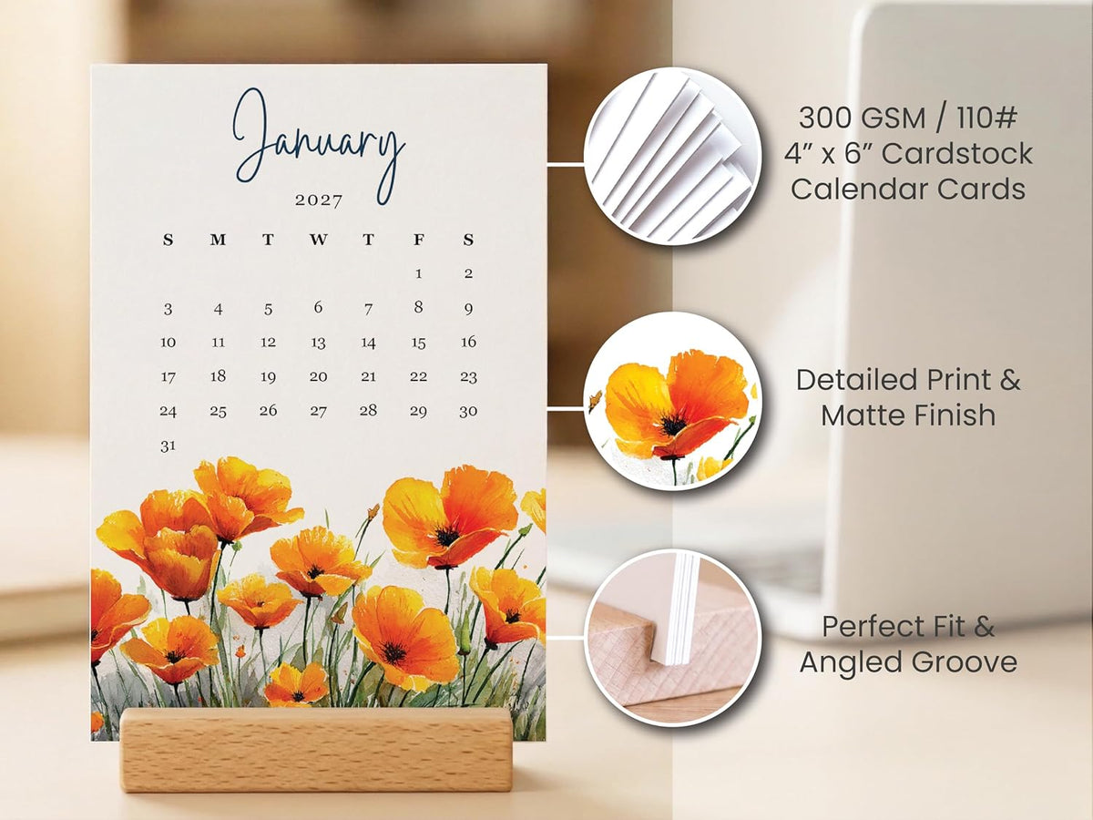 2027 Monthly Office Desk Calendar - Wildflowers - Watercolor Style - Wood Stand - Annual
