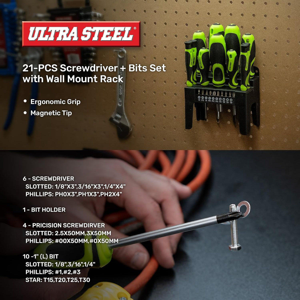 21PC Screwdriver and Bit Set, Plastic Storage Rack