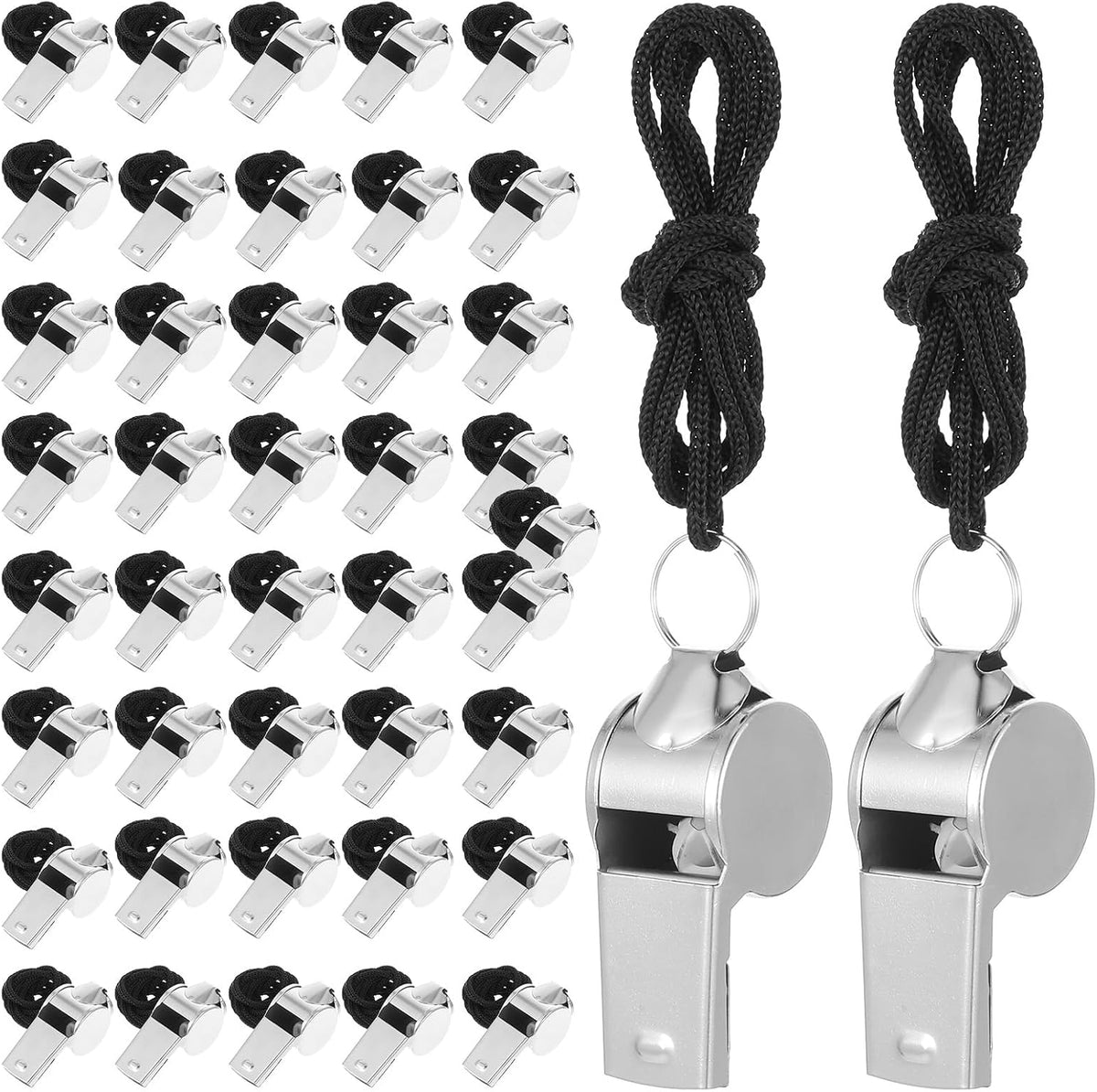 100 Pcs Stainless Steel Whistle with Lanyard, Sports Whistles for Adults