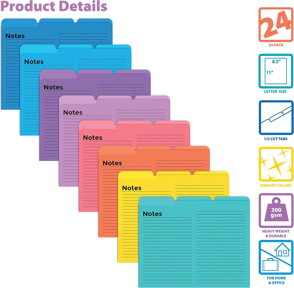 Better Office Products Lined File Folders, 24 Pack, Notes Tabbed File Folders
