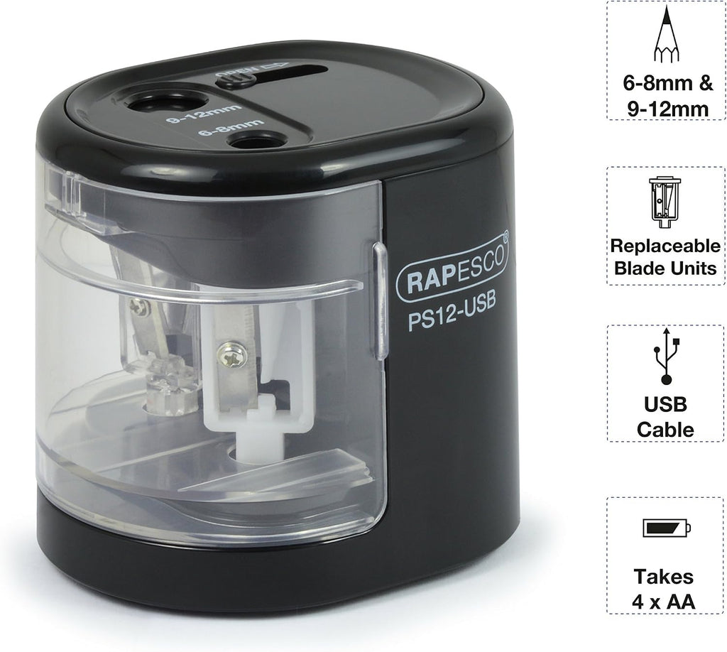 Rapesco 1449 PS12-USB Electric Pencil Sharpener, Dual Hole, Black
