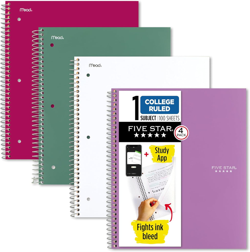 Five Star Spiral Notebook + Study App, 100 Sheets, 1 Subject, College Ruled Paper