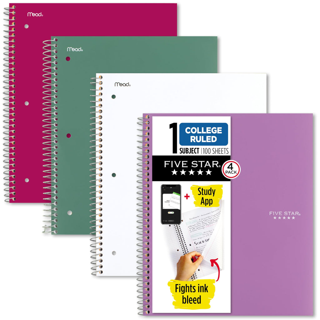 Five Star Spiral Notebook + Study App, 100 Sheets, 1 Subject, College Ruled Paper