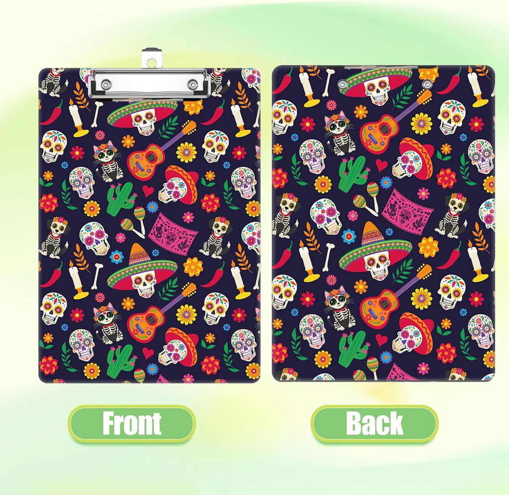Mexican Skull Clipboard, Cute Decorative Clip Board with Metal Clip Pretty Plastic
