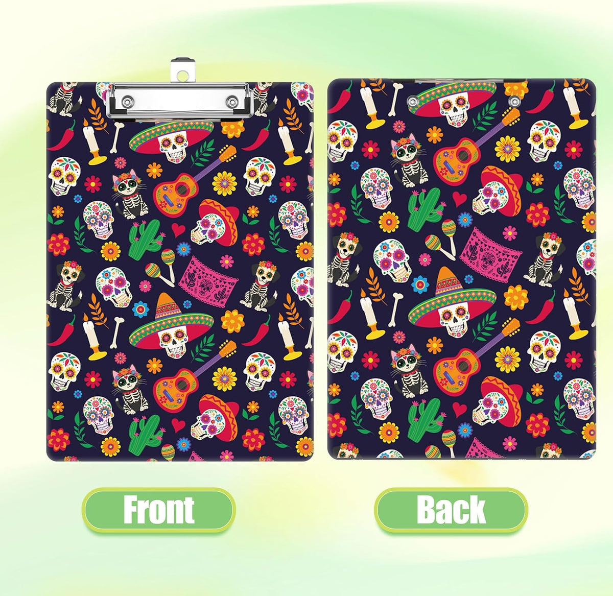 Mexican Skull Clipboard, Cute Decorative Clip Board with Metal Clip Pretty Plastic