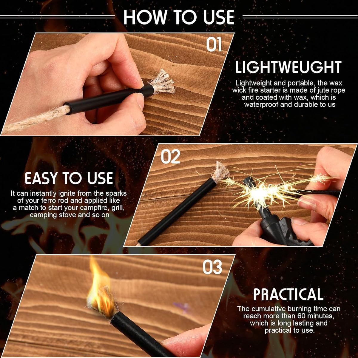 10 Pcs Tinder Fire Starter Rope with 10 Pcs Survival Wick Cord, Aluminum Sleeve Tube