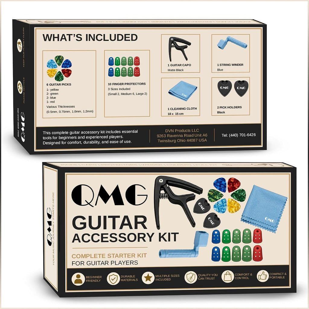 QMG Guitar Accessory Kit – Capo, String Winder, Picks & Finger Protectors