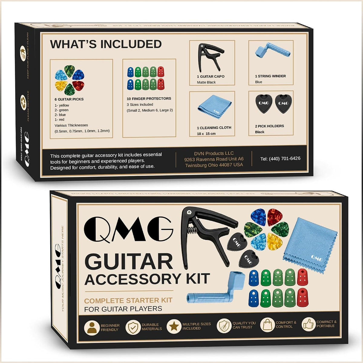 QMG Guitar Accessory Kit – Capo, String Winder, Picks & Finger Protectors