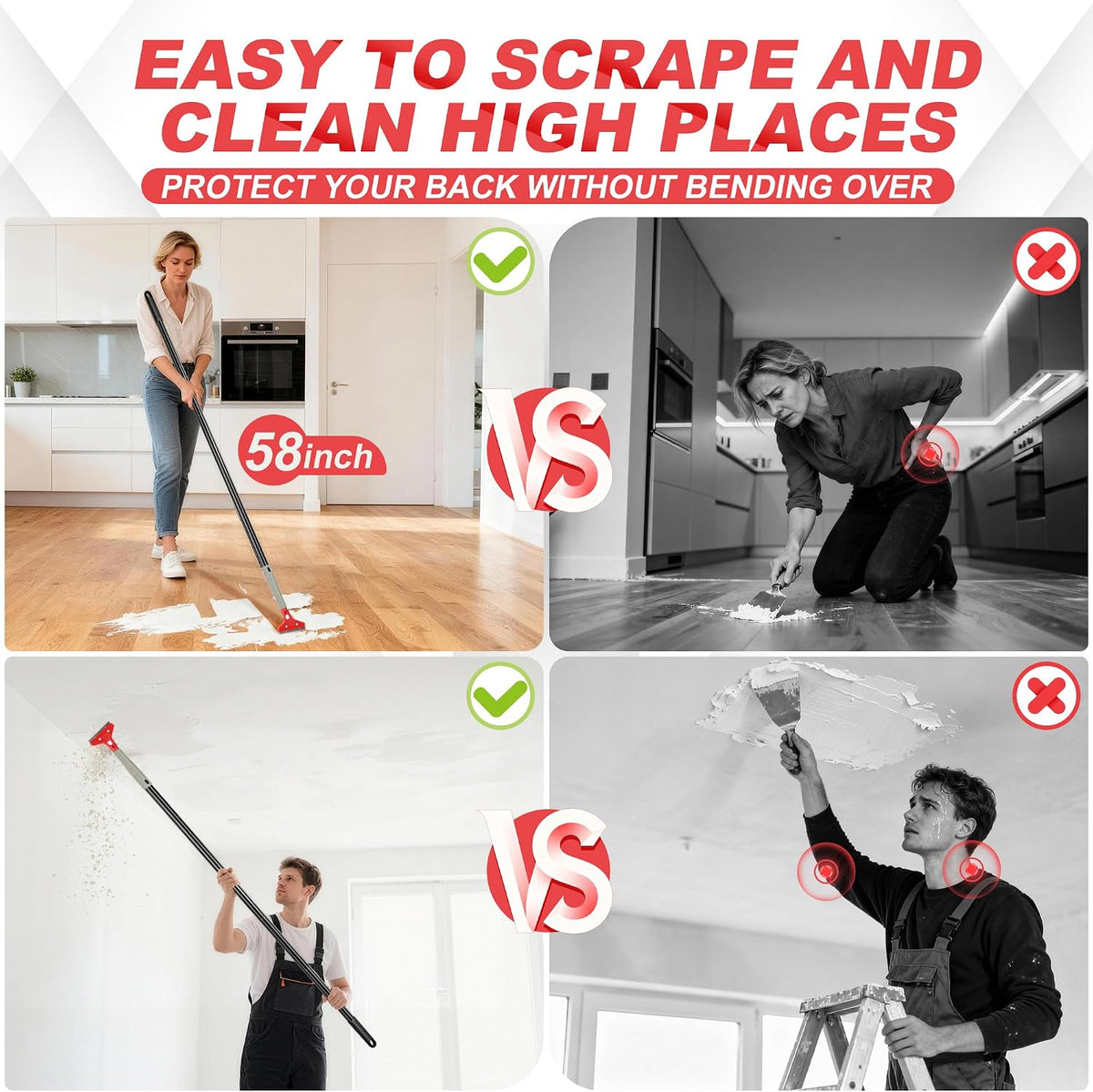 Floor Scraper Long Handle Heavy Duty, 30"-58" Long, 4" Wide Blade