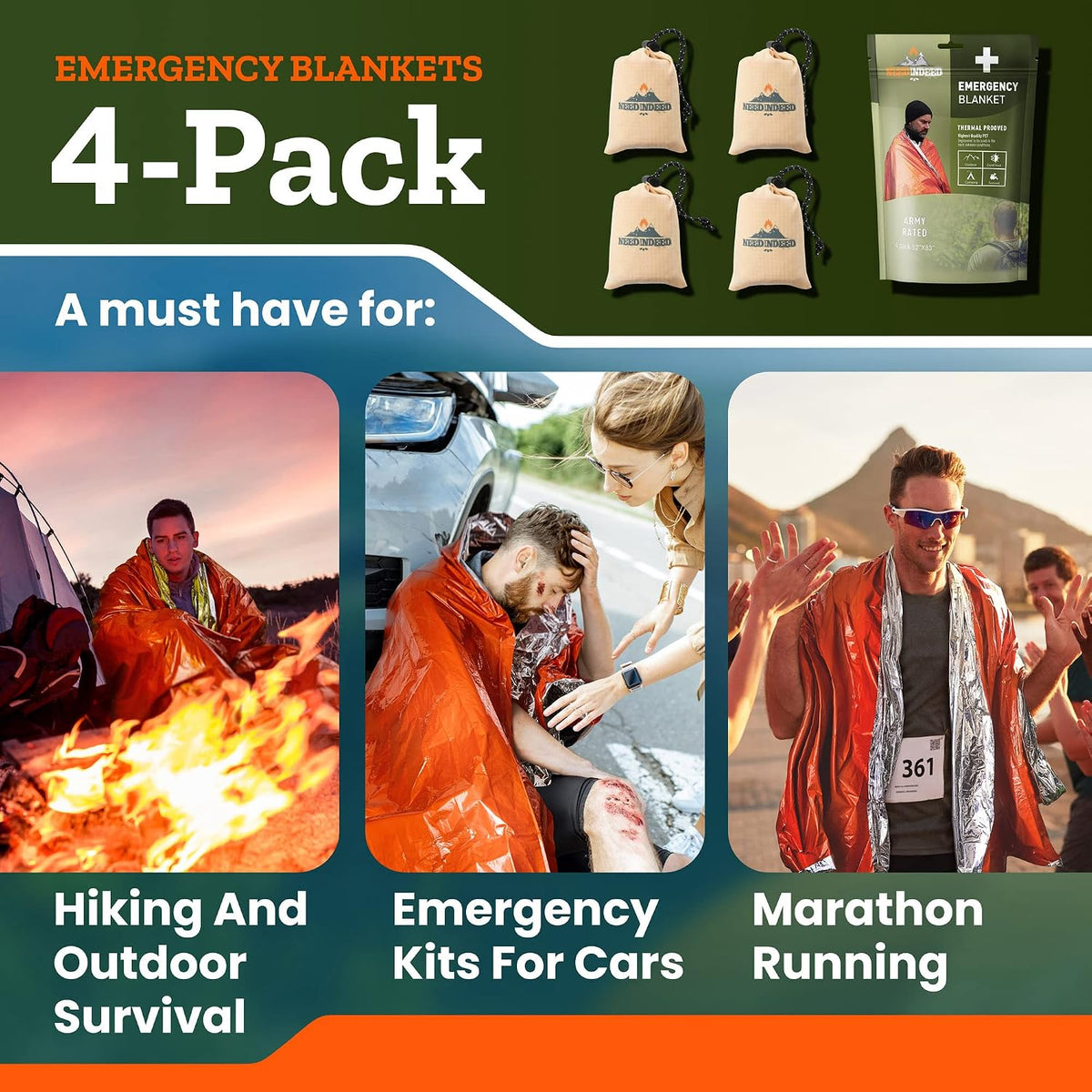 4-Pack Emergency Space Blankets, 83x52 inches, Silver, Polyester