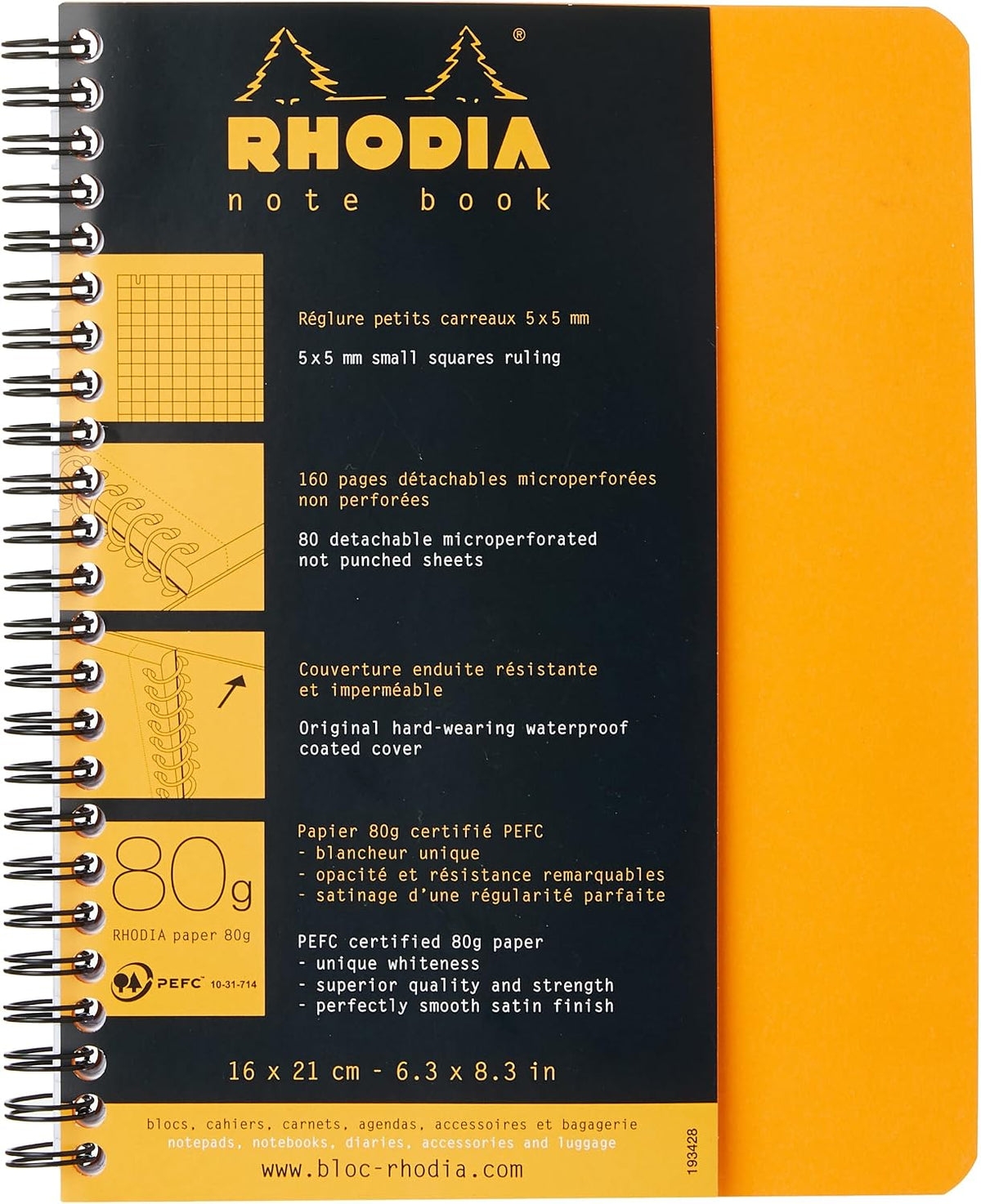Rhodia 193428C - Spiral Notebook (Full Binding) Notebook Orange - A5+ - Small Squares