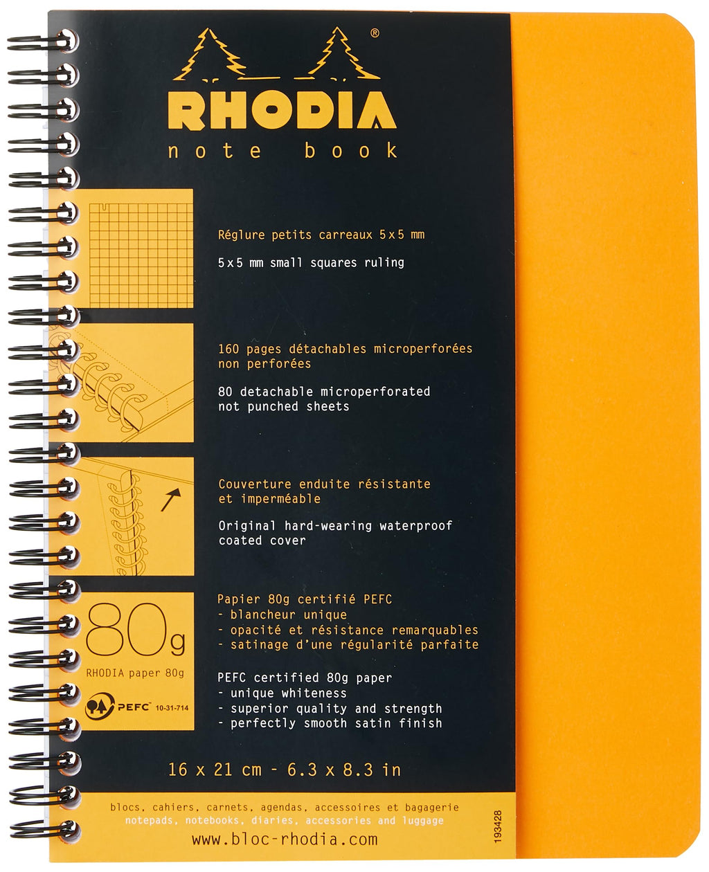 Rhodia 193428C - Spiral Notebook (Full Binding) Notebook Orange - A5+ - Small Squares
